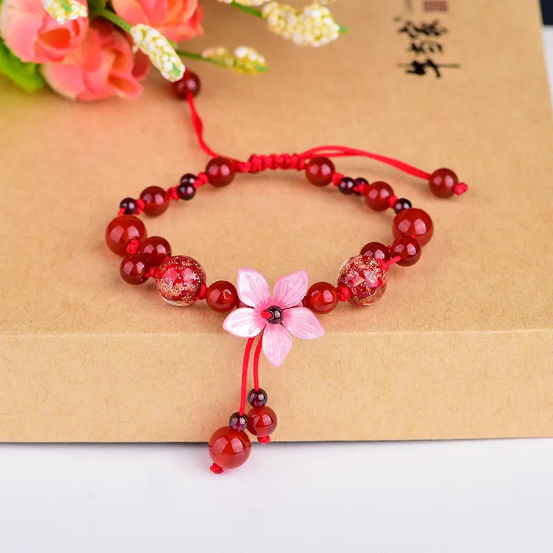 Vintage Acetic Acid Flower Charm Bracelets Superior Red Agates Garnet Strand Bra