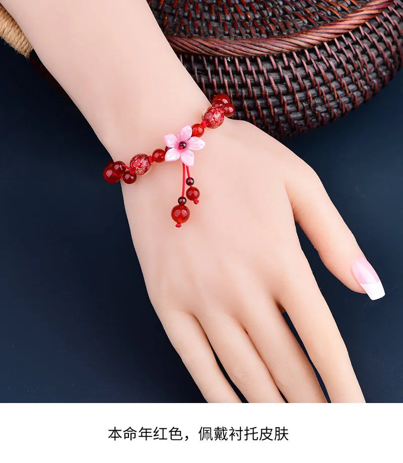 Vintage Acetic Acid Flower Charm Bracelets Superior Red Agates Garnet Strand Bra
