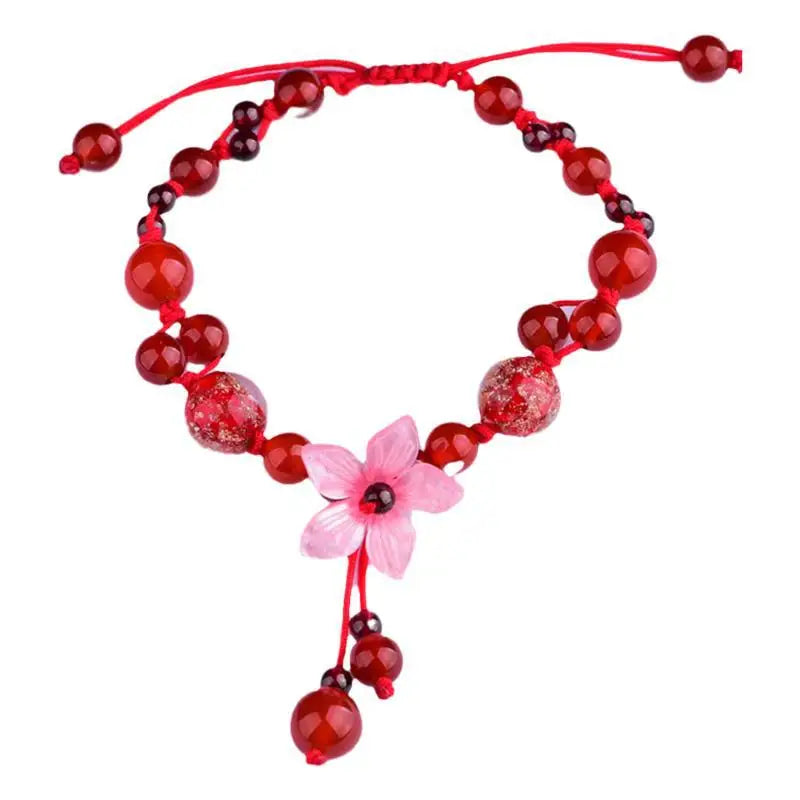Vintage Acetic Acid Flower Charm Bracelets Superior Red Agates Garnet Strand Bra