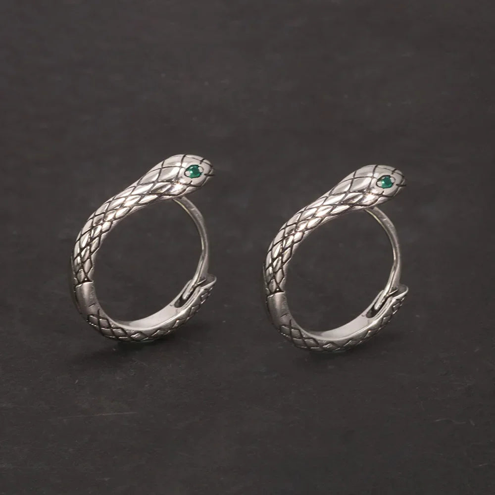 Vintage 925 Silver Snake Hook Earrings Green Eyes