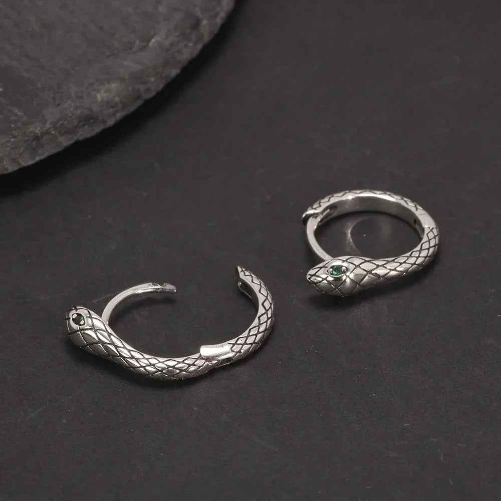Vintage 925 Silver Snake Hook Earrings Green Eyes