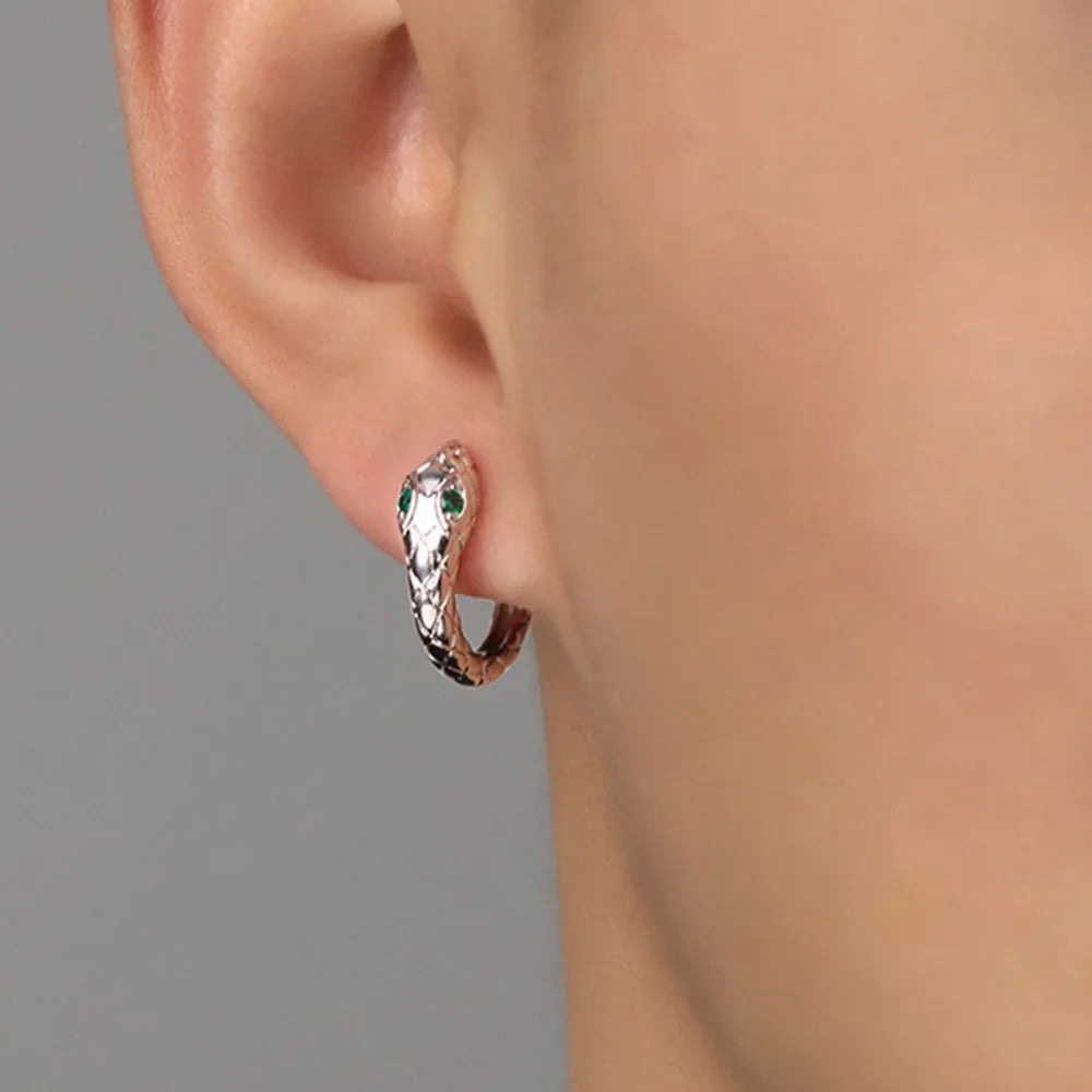 Vintage 925 Silver Snake Hook Earrings Green Eyes
