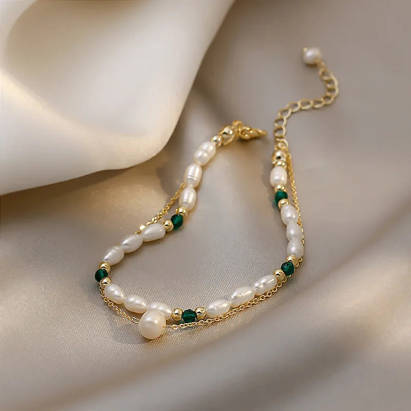 Vintage Double Chain Pearl Bracelet Green Crystal Lucky Jewelry