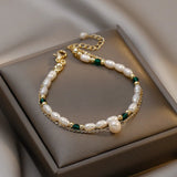 Vintage Double Chain Pearl Bracelet Green Crystal Lucky Jewelry