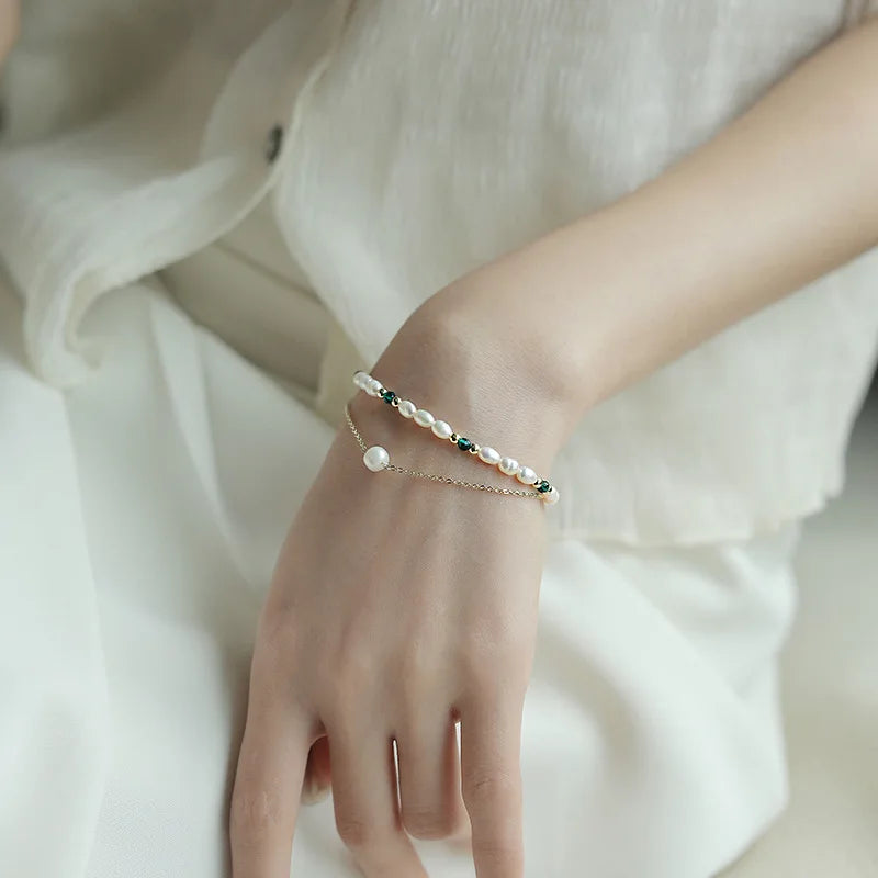 Vintage Double Chain Pearl Bracelet Green Crystal Lucky Jewelry