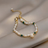 Vintage Double Chain Pearl Bracelet Green Crystal Lucky Jewelry