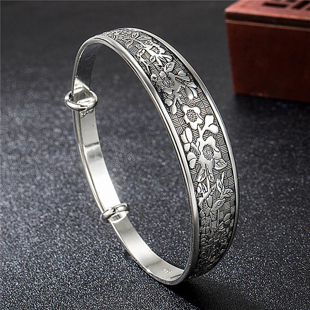 Vintage Flower Carving Adjustable Bangle Bracelet Thai Silver Jewelry
