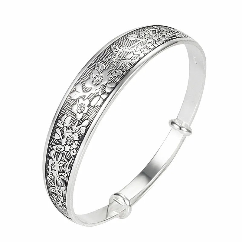 Vintage Flower Carving Adjustable Bangle Bracelet Thai Silver Jewelry