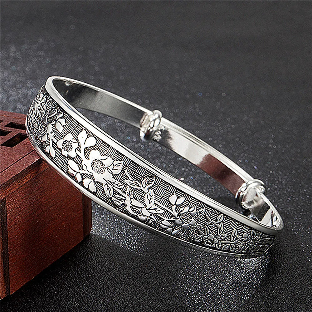 Vintage Flower Carving Adjustable Bangle Bracelet Thai Silver Jewelry