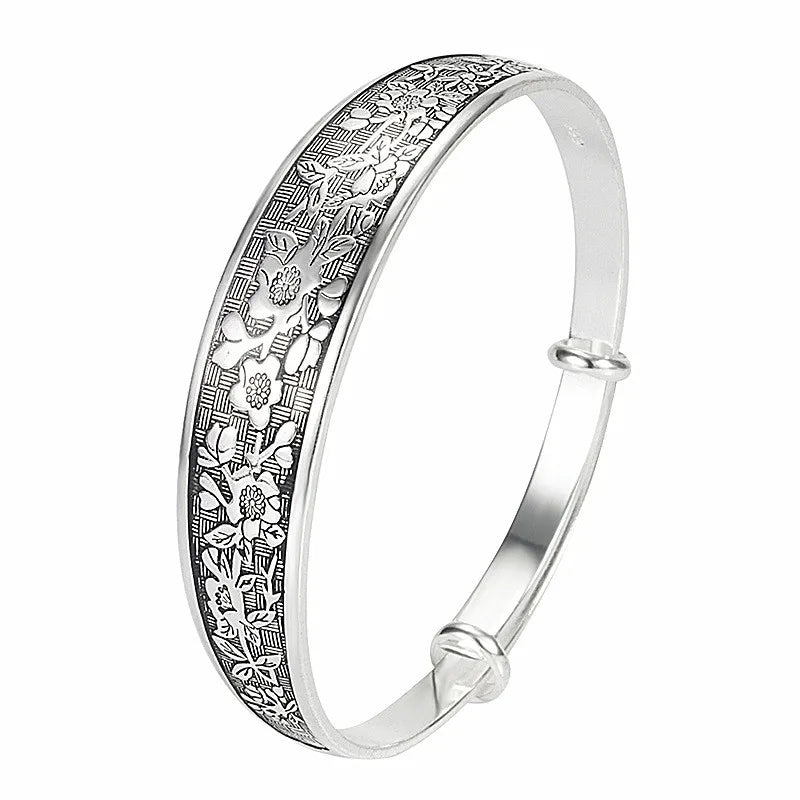 Vintage Flower Carving Adjustable Bangle Bracelet Thai Silver Jewelry
