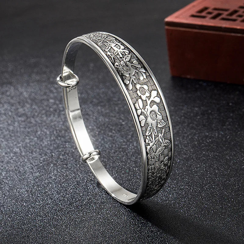 Vintage Flower Carving Adjustable Bangle Bracelet Thai Silver Jewelry