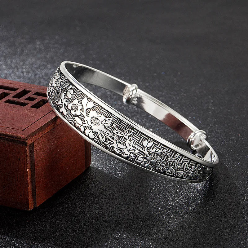 Vintage Flower Carving Adjustable Bangle Bracelet Thai Silver Jewelry