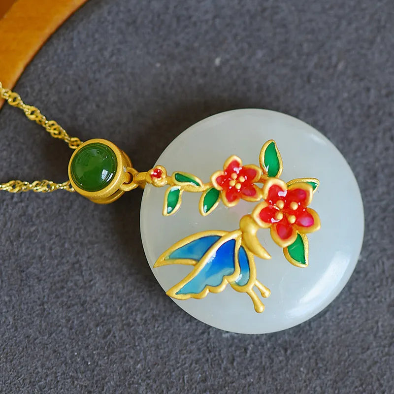 Vintage Flower Enamel Green Jade Pendant Necklace Choker Chain