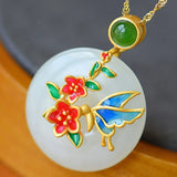 Vintage Flower Enamel Green Jade Pendant Necklace Choker Chain