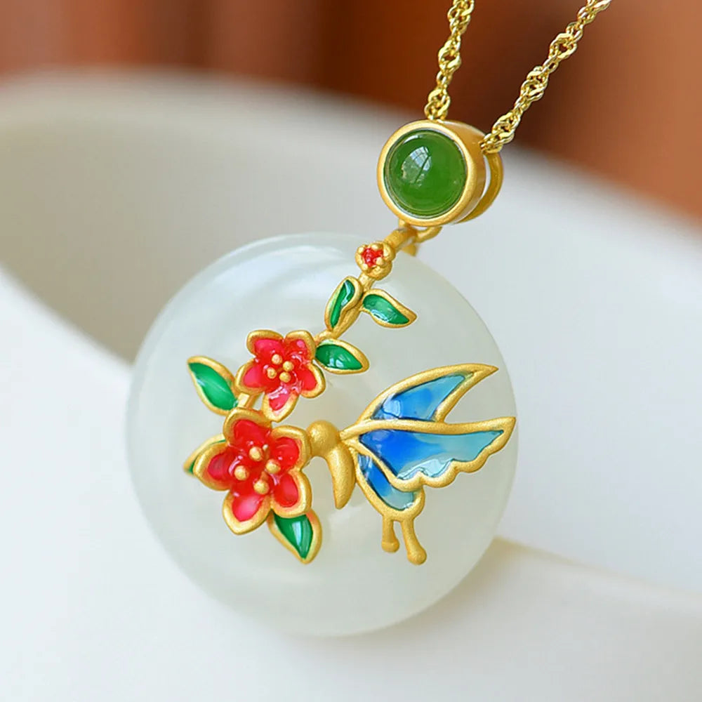 Vintage Flower Enamel Green Jade Pendant Necklace Choker Chain