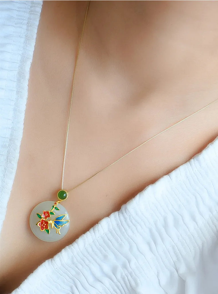 Vintage Flower Enamel Green Jade Pendant Necklace Choker Chain