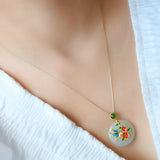 Vintage Flower Enamel Green Jade Pendant Necklace Choker Chain