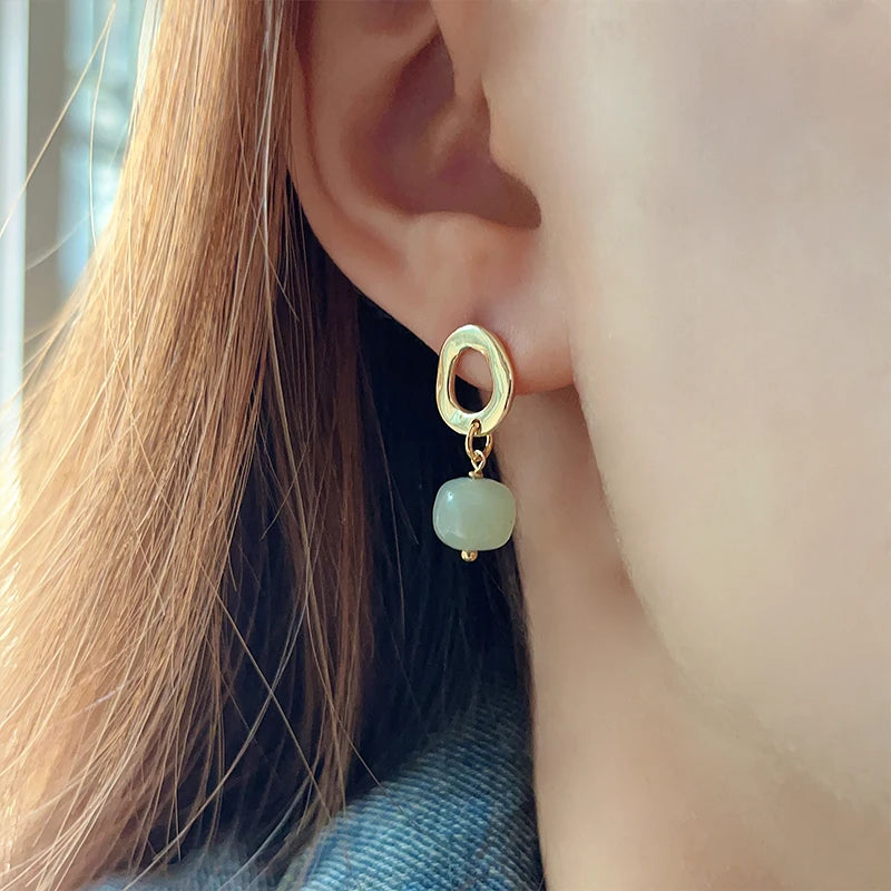 Vintage Hetian Jade Stud Earrings for Women Green Stone Earring