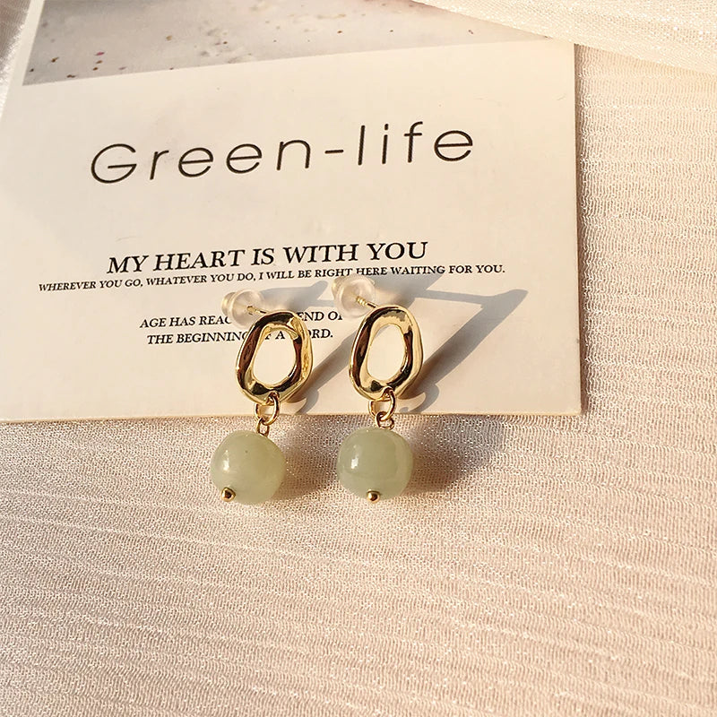 Vintage Hetian Jade Stud Earrings for Women Green Stone Earring
