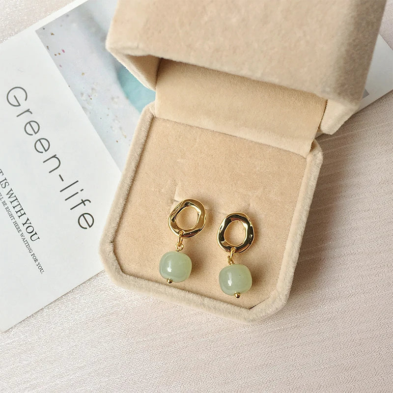 Vintage Hetian Jade Stud Earrings for Women Green Stone Earring