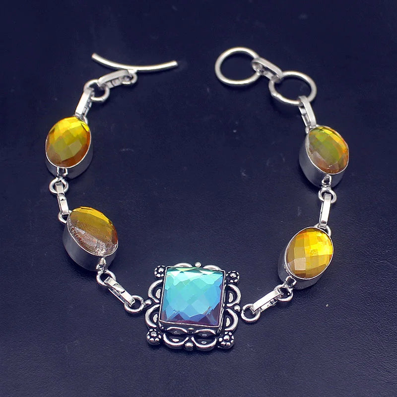 Vintage Silver Charms Bracelet with Mystic Topaz for Women