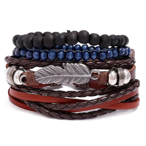 Vintage Leather Wristbands Punk Rock Bracelet Set Feather Charm Wrap Bangle