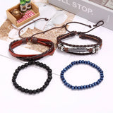 Vintage Leather Wristbands Punk Rock Bracelet Set Feather Charm Wrap Bangle