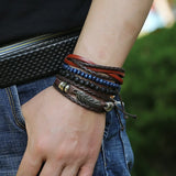Vintage Leather Wristbands Punk Rock Bracelet Set Feather Charm Wrap Bangle