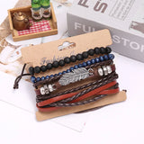 Vintage Leather Wristbands Punk Rock Bracelet Set Feather Charm Wrap Bangle