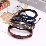 Vintage Leather Wristbands Punk Rock Bracelet Set Feather Charm Wrap Bangle