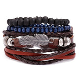 Vintage Leather Wristbands Punk Rock Bracelet Set Feather Charm Wrap Bangle