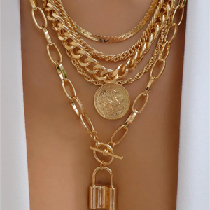 Vintage Punk Thick Chain Head Coin Lock Pendant Necklace For Women