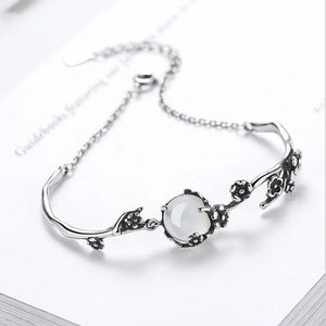 Vintage Thai Silver Bracelet Moonlight Stone Plum Flower 925 Sterling Silver