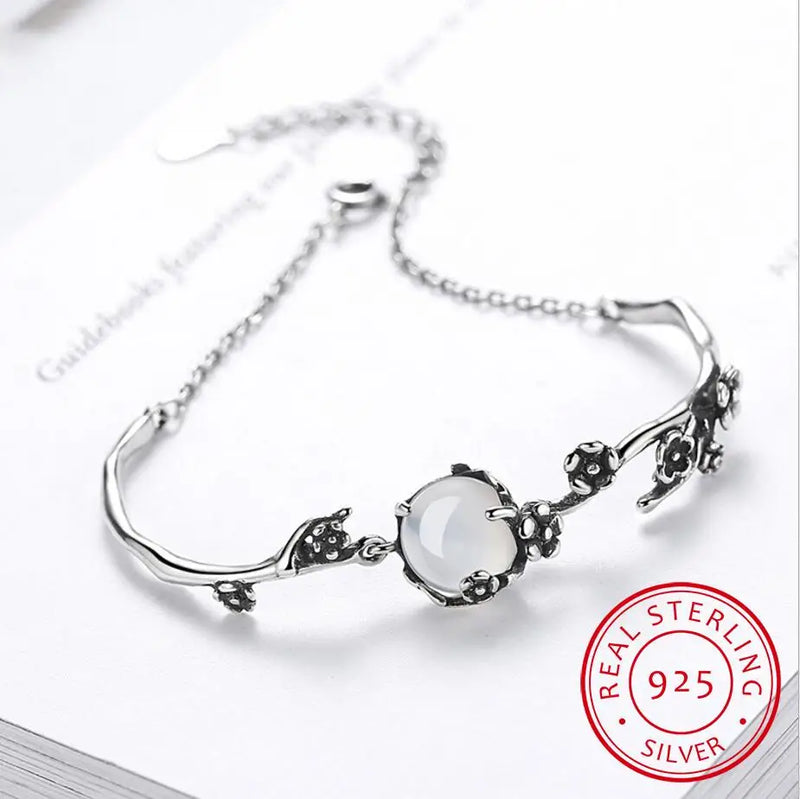 Vintage Thai Silver Bracelet Moonlight Stone Plum Flower 925 Sterling Silver Bra
