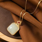 Vintage Green Jade Square Pendant Necklace 14k Choker Jewelry