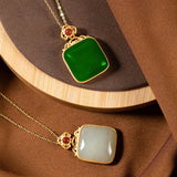 Vintage Green Jade Square Pendant Necklace 14k Choker Jewelry