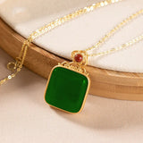 Vintage Green Jade Square Pendant Necklace 14k Choker Jewelry