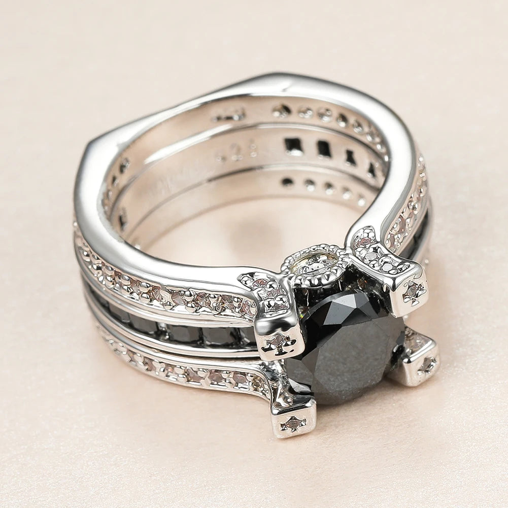 Vintage Crystal Stone Ring Set Silver Engagement Rings Dainty