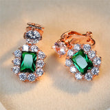 Vintage Green Red Crystal Earrings Silver Clip Square Zircon Wedding