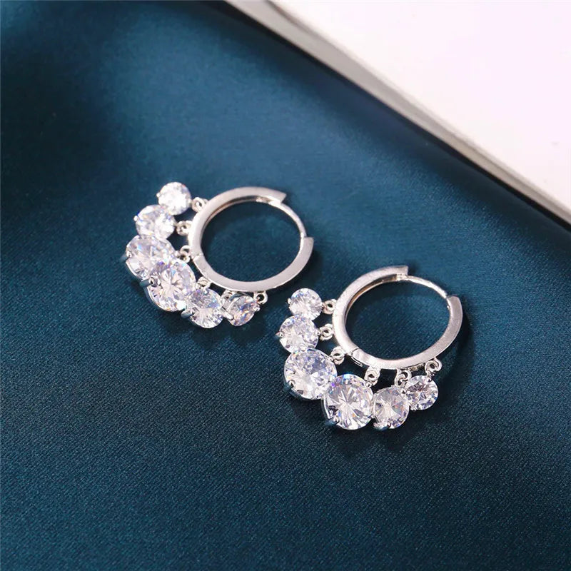 Vintage Crystal Oval Earrings Silver Hoop Charm Rainbow Zircon