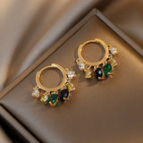 Vintage Crystal Oval Earrings Silver Hoop Charm Rainbow Zircon