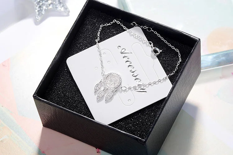 Vintage Crystal Wedding Jewelry 925 Silver Dream Catcher Feather Bracelet