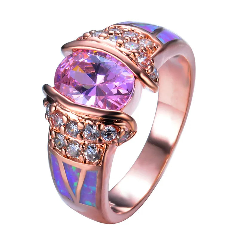 Vintage Pink Crystal Ring Rose Engagement Rings for Women Bride Opal Wedding