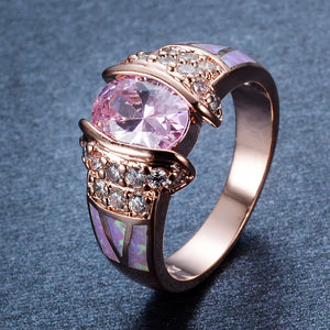 Vintage Pink Crystal Ring Rose Engagement Rings for Women Bride Opal Wedding