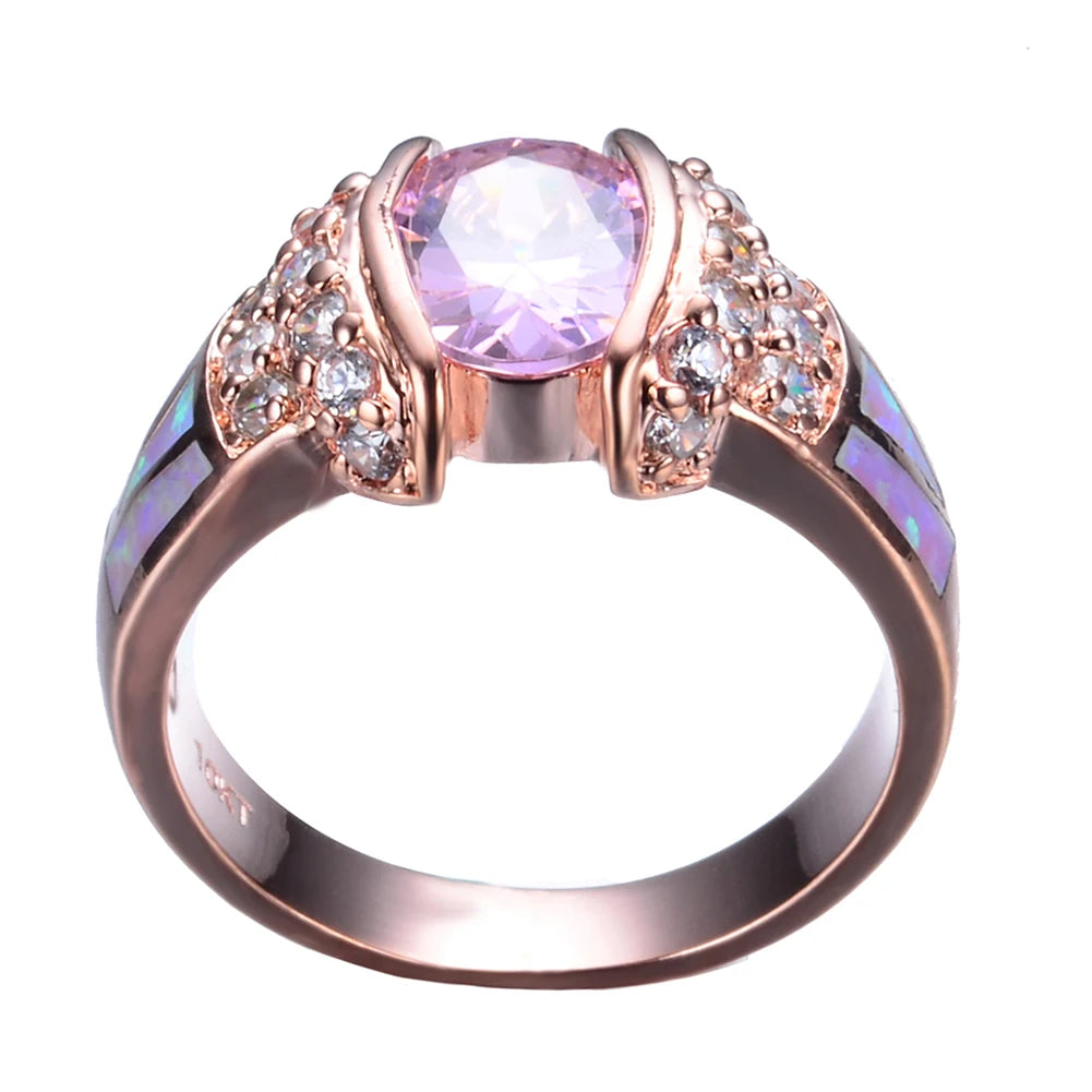Vintage Pink Crystal Ring Rose Engagement Rings for Women Bride Opal Wedding