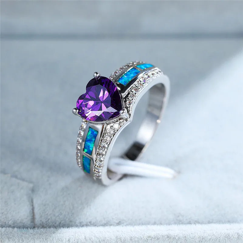 Vintage Female Purple Love Heart Crystal Ring Silver Wedding Rings For Women