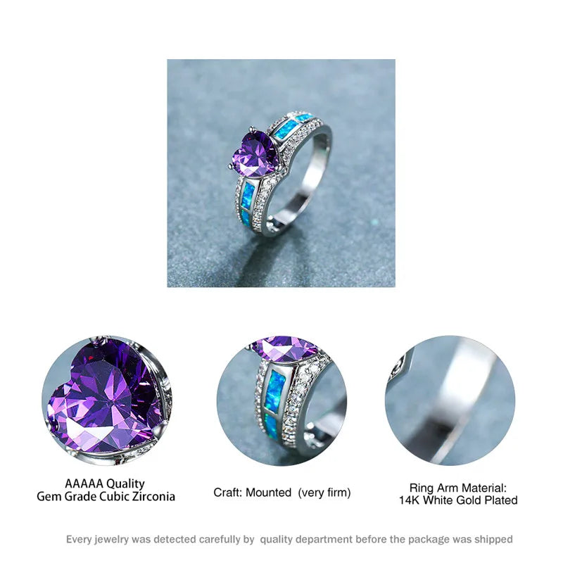 Vintage Female Purple Love Heart Crystal Ring Silver Wedding Rings For Women