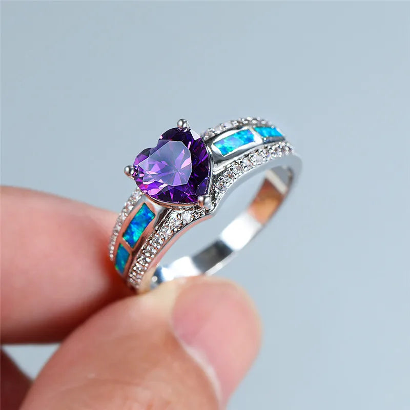 Vintage Female Purple Love Heart Crystal Ring Silver Wedding Rings For Women