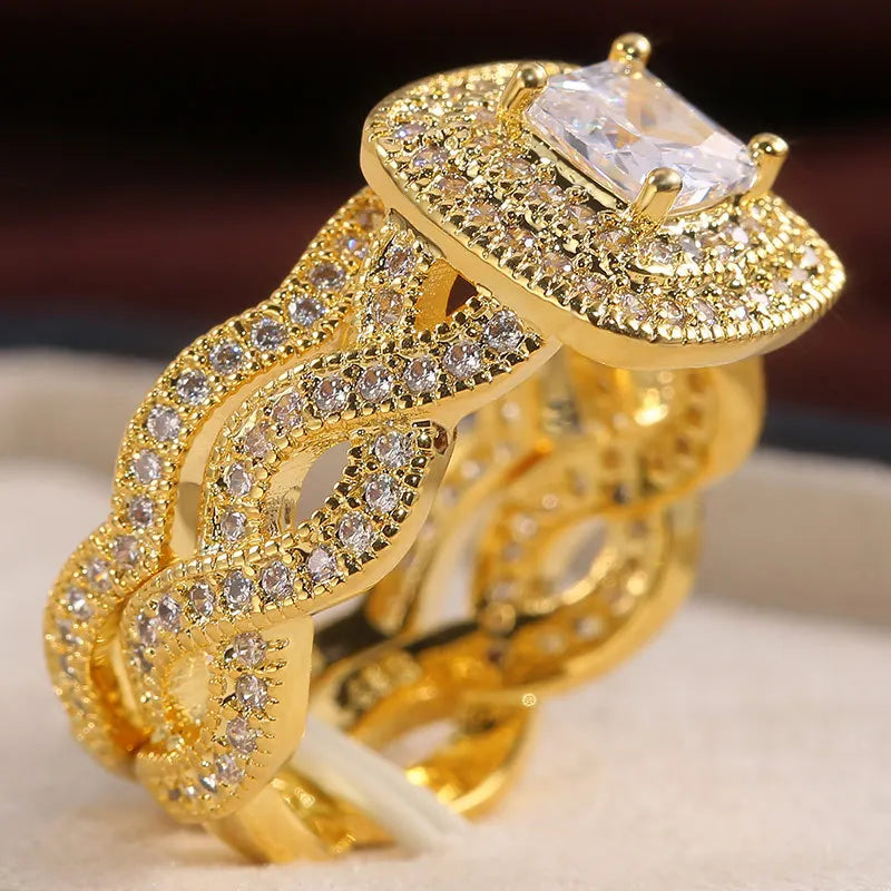 Vintage Crystal Stone Ring Set Silver Wedding Zircon Engagement Ring