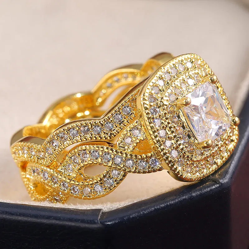 Vintage Crystal Stone Ring Set Silver Wedding Zircon Engagement Ring
